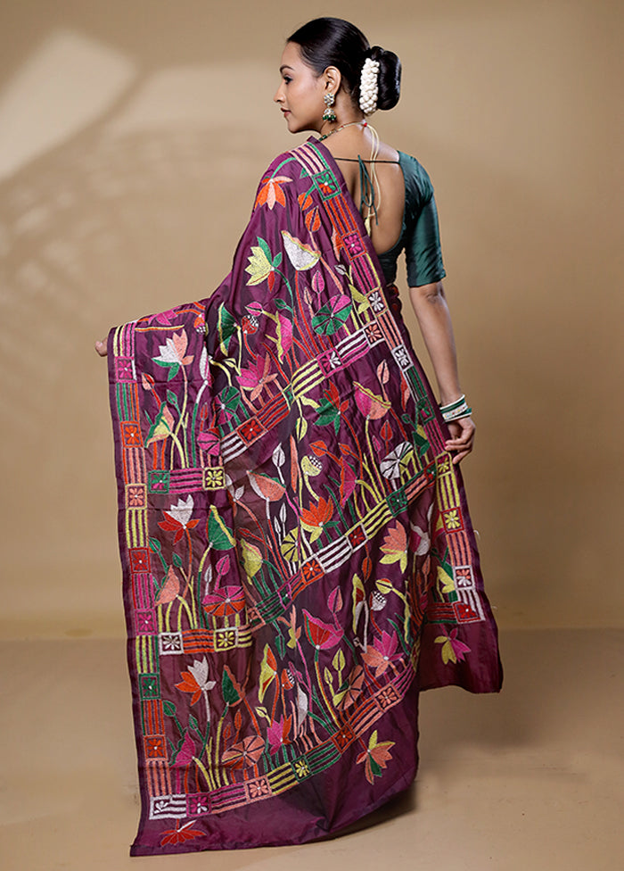 Purple Kantha Stitch Silk Saree With Blouse Piece