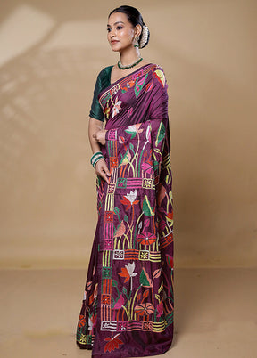 Purple Kantha Stitch Silk Saree With Blouse Piece