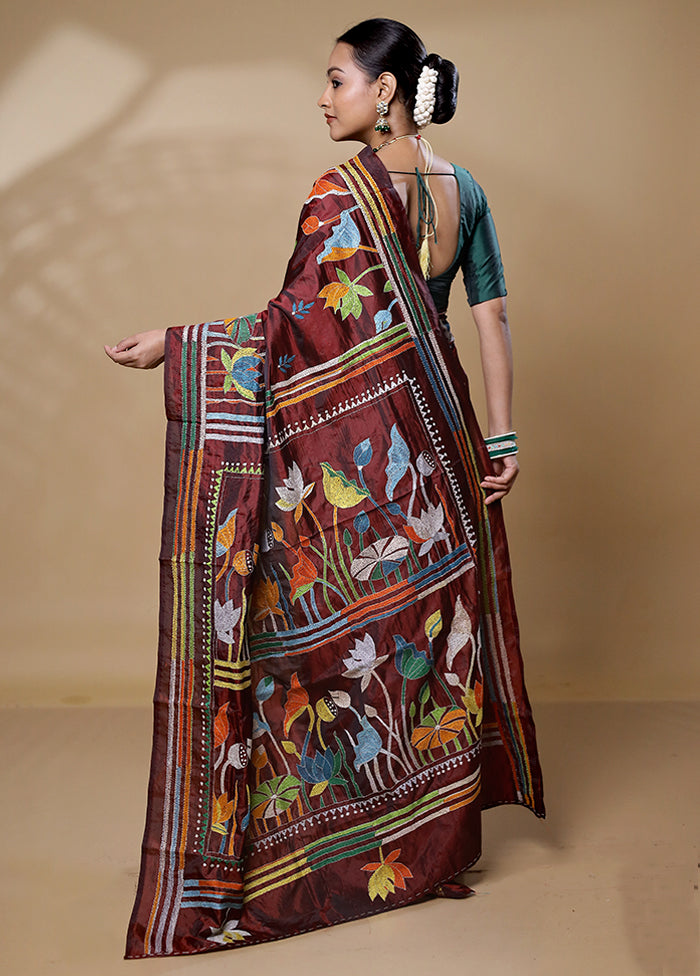 Brown Kantha Stitch Silk Saree With Blouse Piece