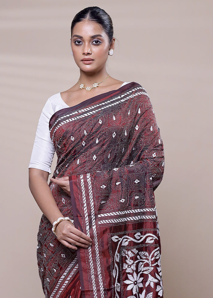 Maroon Kantha Stitch Silk Saree With Blouse Piece