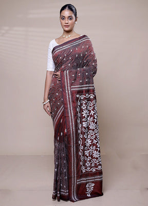 Maroon Kantha Stitch Silk Saree With Blouse Piece