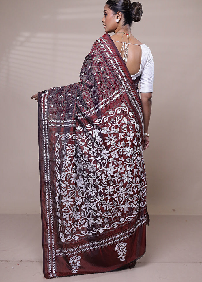 Maroon Kantha Stitch Silk Saree With Blouse Piece