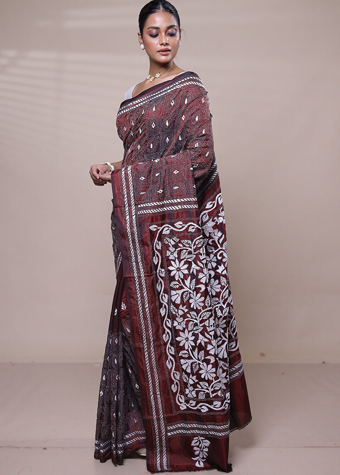 Maroon Kantha Stitch Silk Saree With Blouse Piece