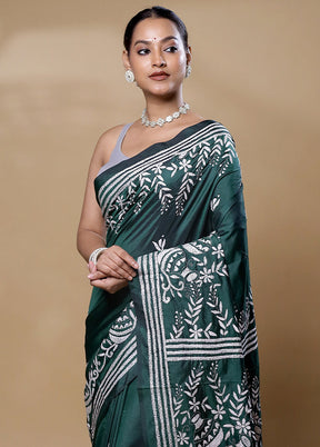 Green Kantha Stitch Silk Saree With Blouse Piece