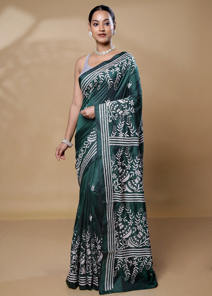 Green Kantha Stitch Silk Saree With Blouse Piece