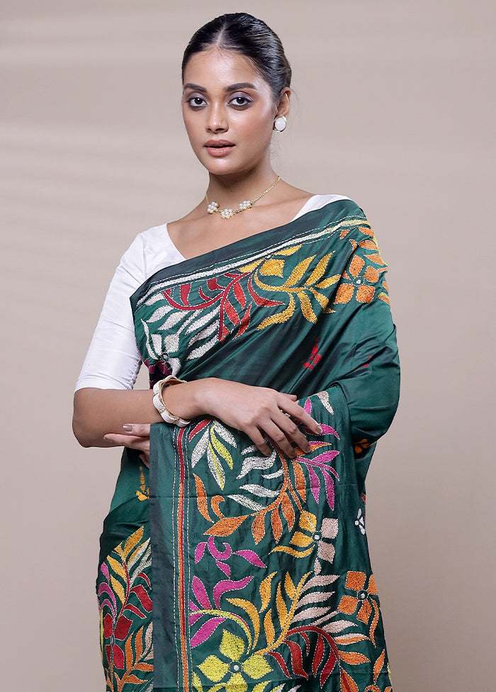 Green Kantha Stitch Silk Saree With Blouse Piece