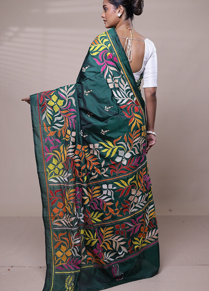 Green Kantha Stitch Silk Saree With Blouse Piece