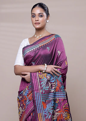 Purple Kantha Stitch Silk Saree With Blouse Piece