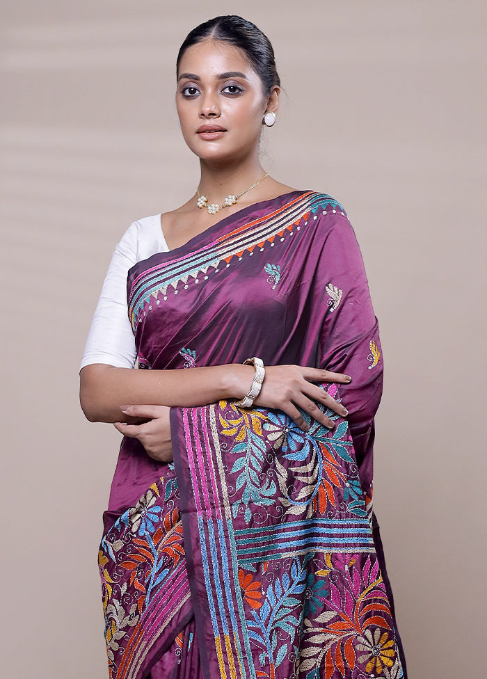 Purple Kantha Stitch Silk Saree With Blouse Piece