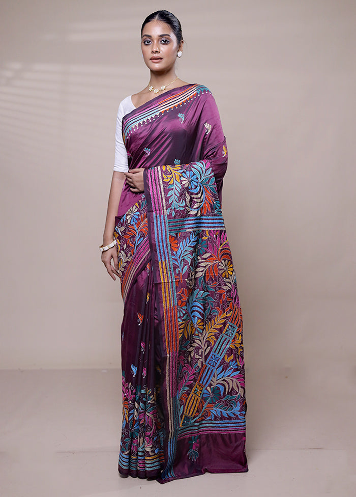 Purple Kantha Stitch Silk Saree With Blouse Piece