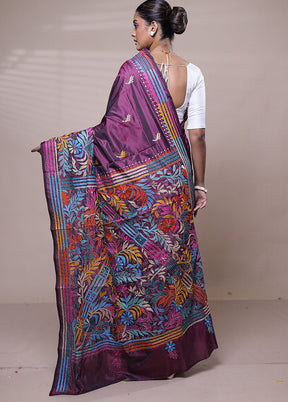 Purple Kantha Stitch Silk Saree With Blouse Piece