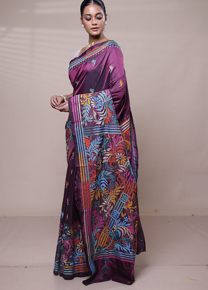 Purple Kantha Stitch Silk Saree With Blouse Piece