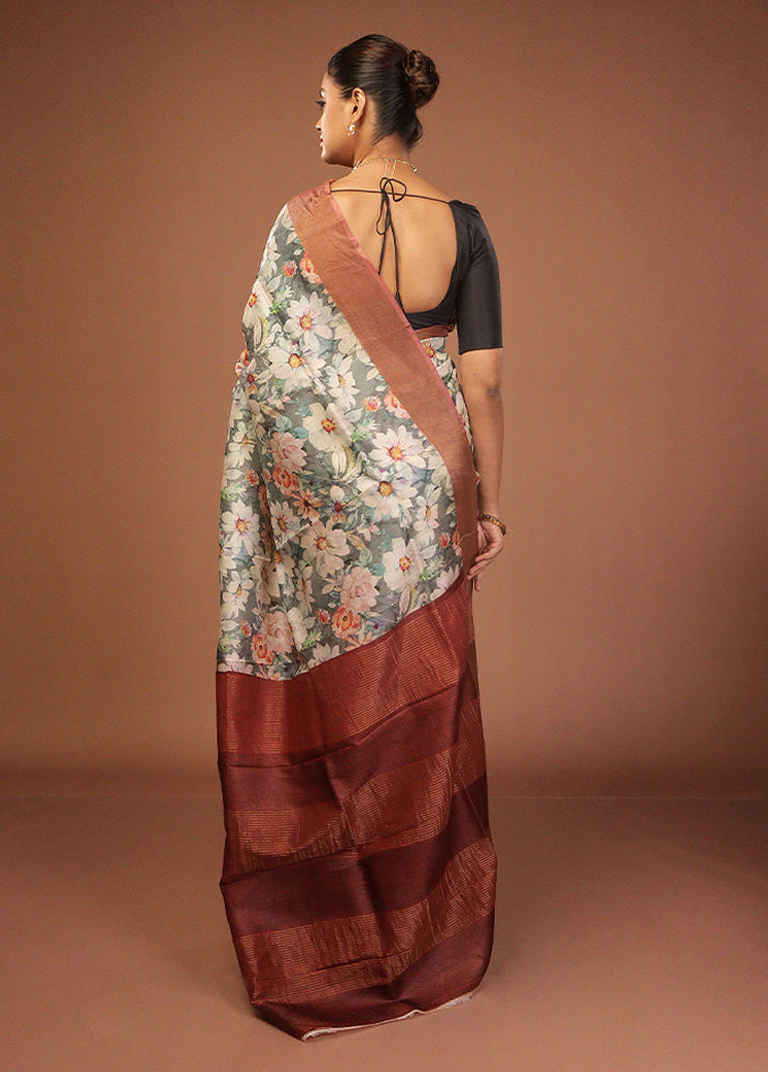 Cream Handloom Tussar Pure Silk Saree With Blouse Piece