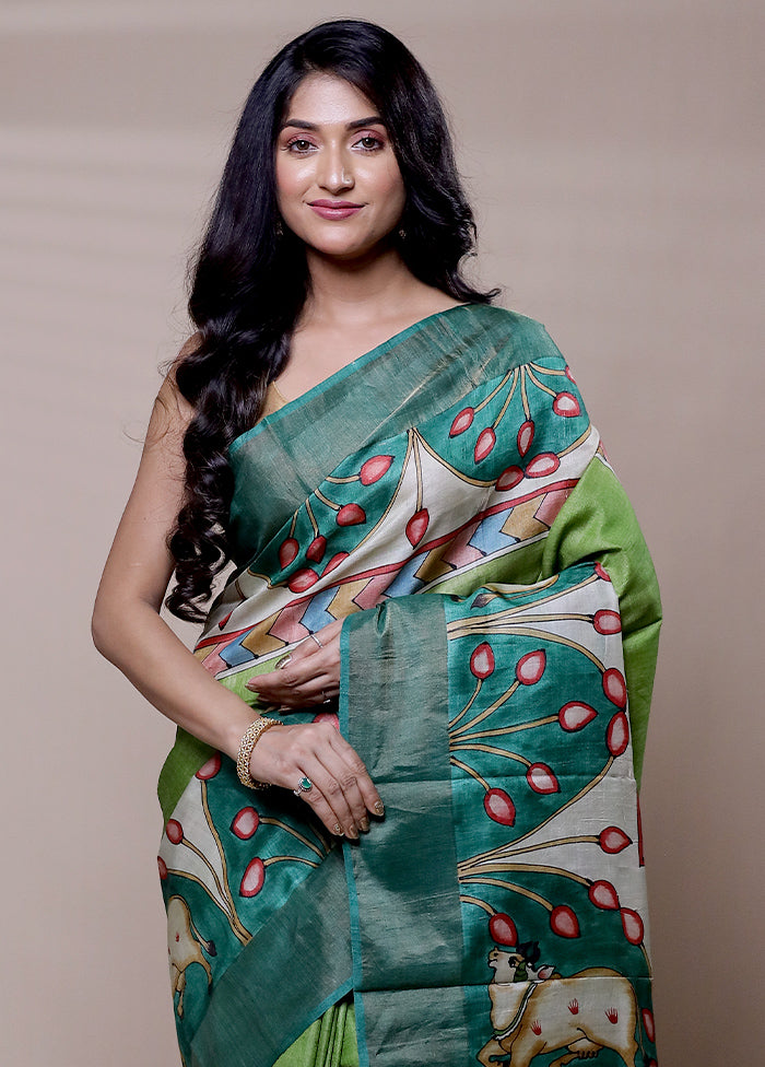 Green Handloom Tussar Pure Silk Saree With Blouse Piece