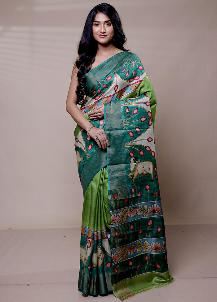 Green Handloom Tussar Pure Silk Saree With Blouse Piece