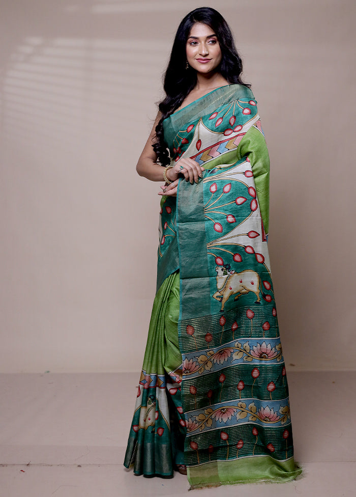 Green Handloom Tussar Pure Silk Saree With Blouse Piece