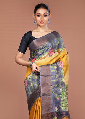 Yellow Handloom Tussar Pure Silk Saree With Blouse Piece