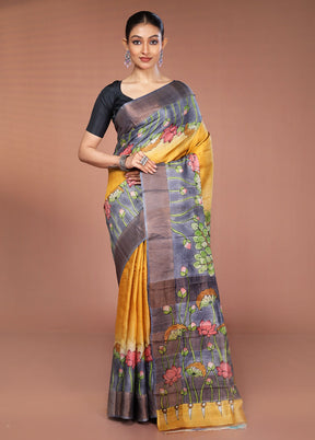 Yellow Handloom Tussar Pure Silk Saree With Blouse Piece