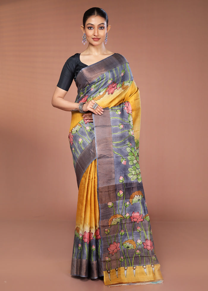 Yellow Handloom Tussar Pure Silk Saree With Blouse Piece
