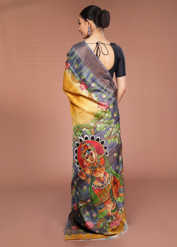 Yellow Handloom Tussar Pure Silk Saree With Blouse Piece