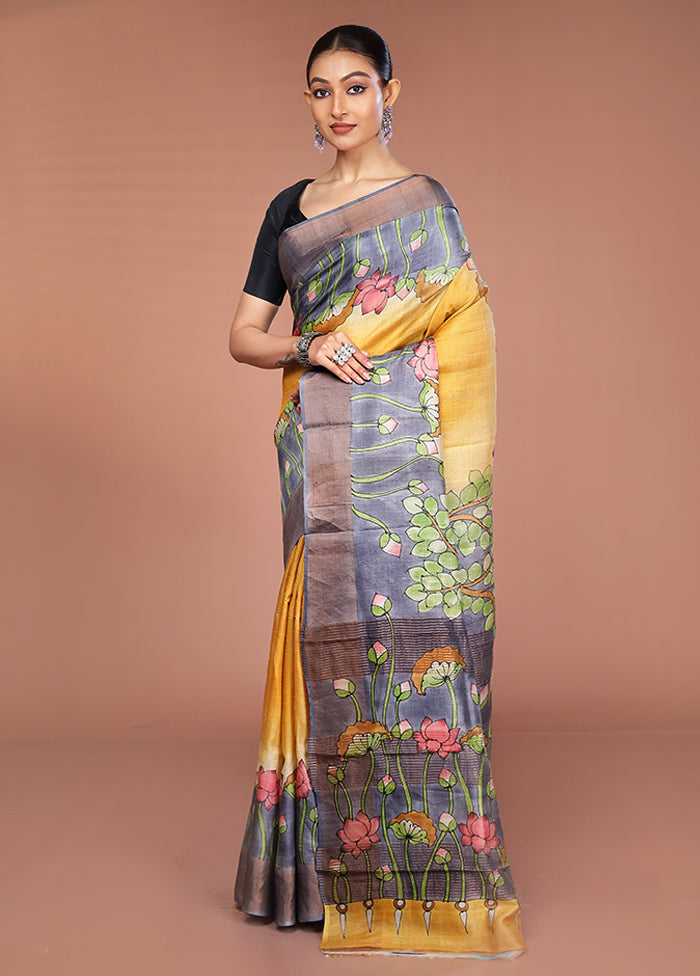 Yellow Handloom Tussar Pure Silk Saree With Blouse Piece