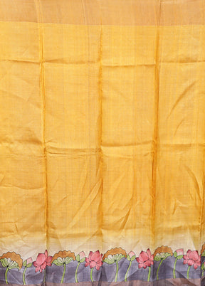 Yellow Handloom Tussar Pure Silk Saree With Blouse Piece