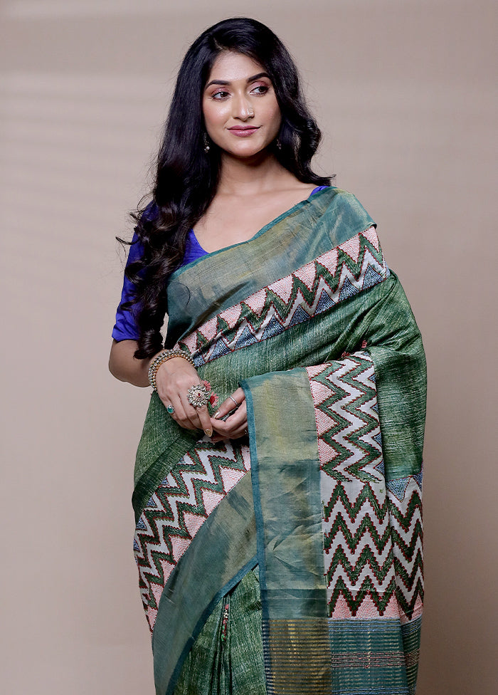 Green Handloom Tussar Pure Silk Saree With Blouse Piece