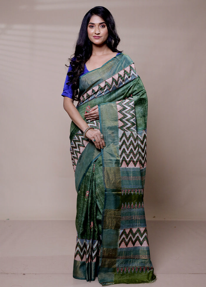 Green Handloom Tussar Pure Silk Saree With Blouse Piece