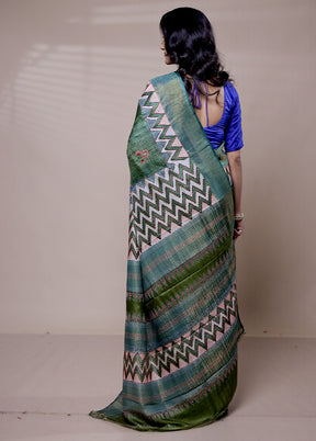 Green Handloom Tussar Pure Silk Saree With Blouse Piece