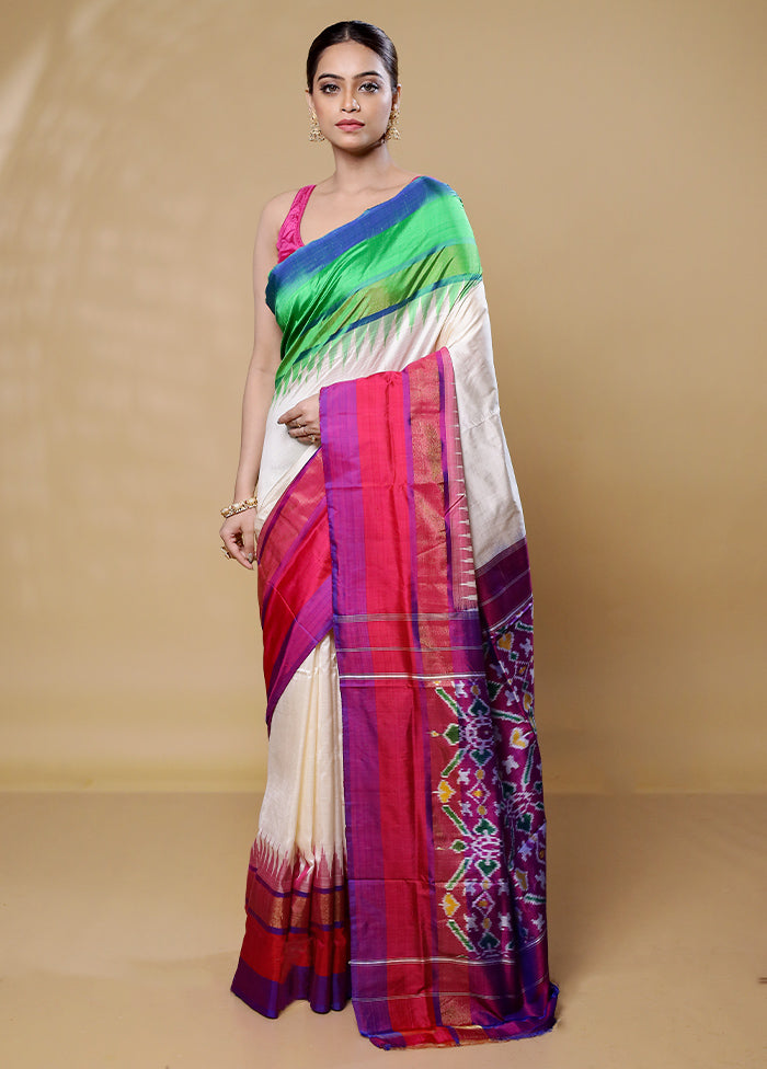 White Handloom Ikkat Pure Silk Saree With Blouse Piece