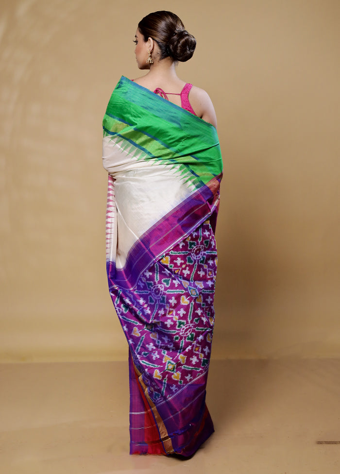 White Handloom Ikkat Pure Silk Saree With Blouse Piece