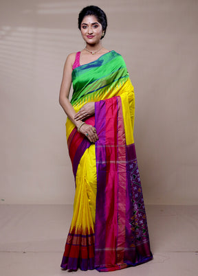 Yellow Handloom Ikkat Pure Silk Saree With Blouse Piece