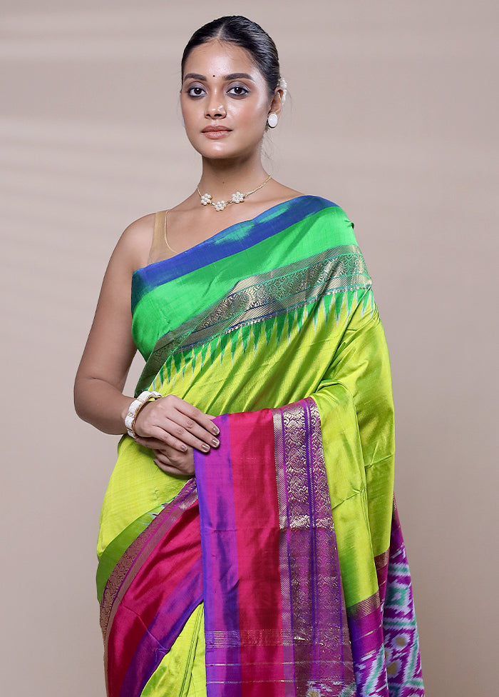 Green Handloom Ikkat Pure Silk Saree With Blouse Piece