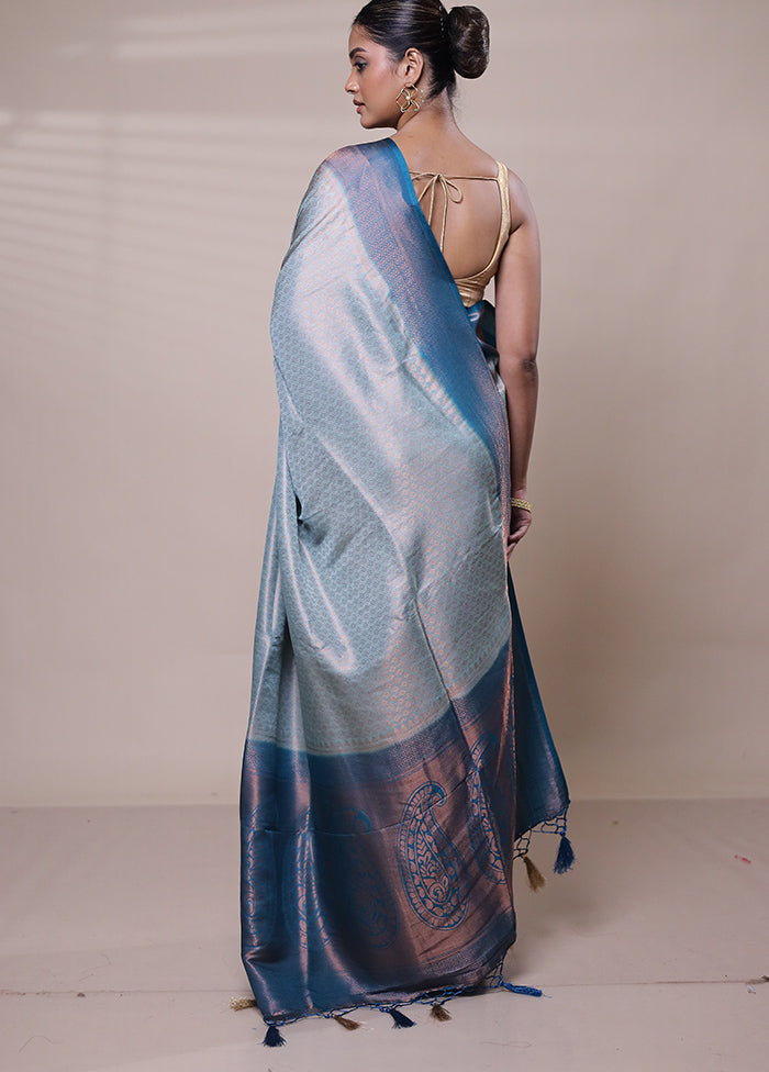 Blue Dupion Silk Saree With Blouse Piece