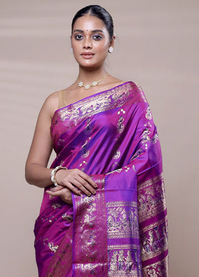 Purple Handloom Baluchari Pure Silk Saree With Blouse Piece