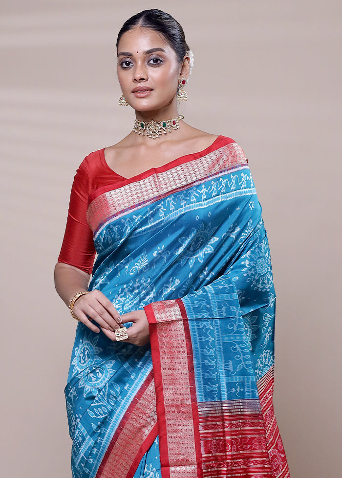 Blue Handloom Patola Pure Silk Saree With Blouse Piece