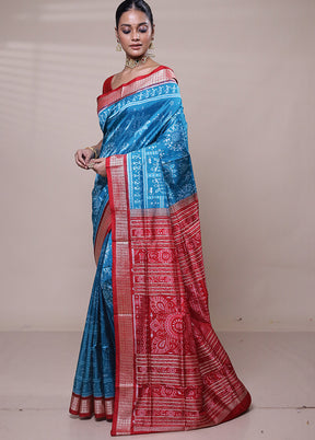 Blue Handloom Patola Pure Silk Saree With Blouse Piece