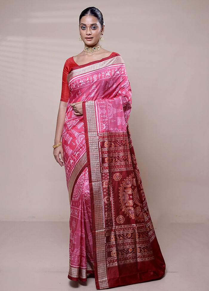 Pink Handloom Patola Pure Silk Saree With Blouse Piece