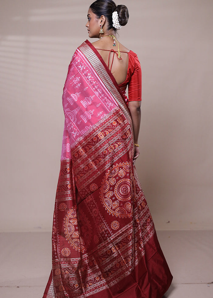 Pink Handloom Patola Pure Silk Saree With Blouse Piece