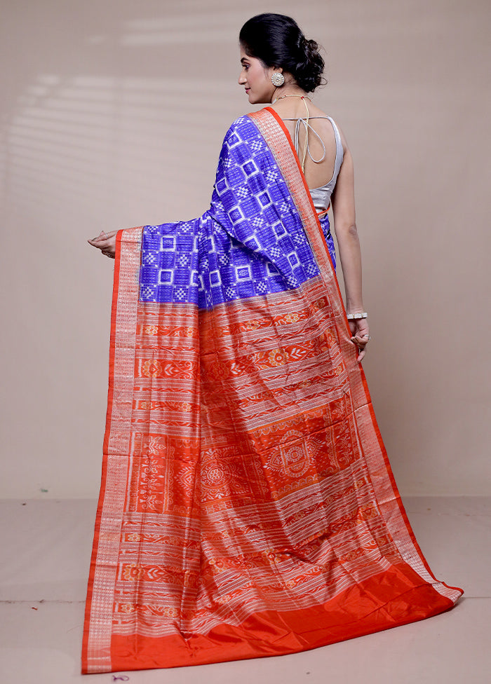 Blue Handloom Patola Pure Silk Saree With Blouse Piece