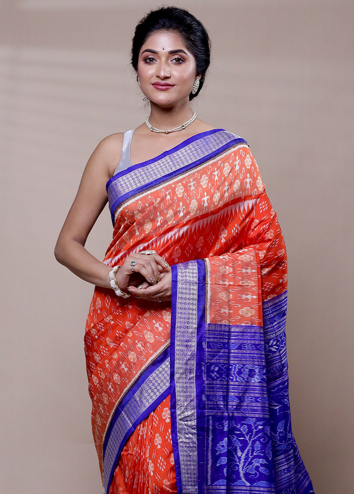 Orange Handloom Patola Pure Silk Saree With Blouse Piece