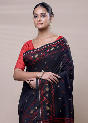 Black Khadi Cotton Saree With Blouse Piece