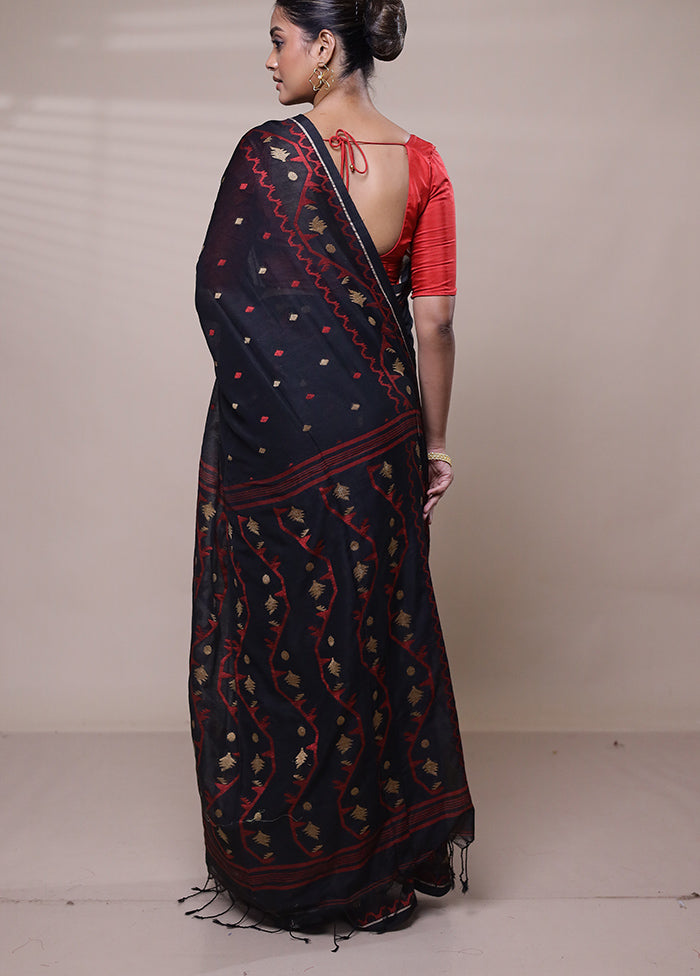 Black Khadi Cotton Saree With Blouse Piece