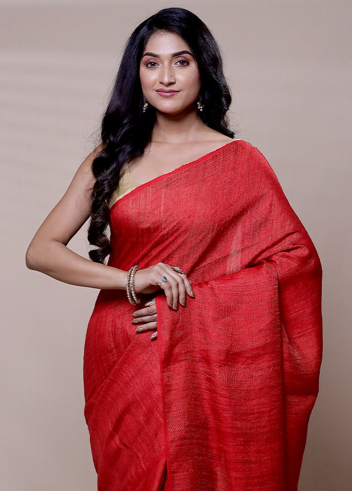 Red Handloom Linen Pure Silk Saree With Blouse Piece