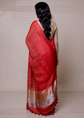 Red Handloom Linen Pure Silk Saree With Blouse Piece