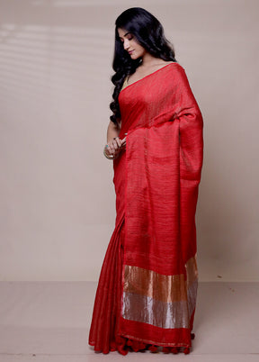 Red Handloom Linen Pure Silk Saree With Blouse Piece