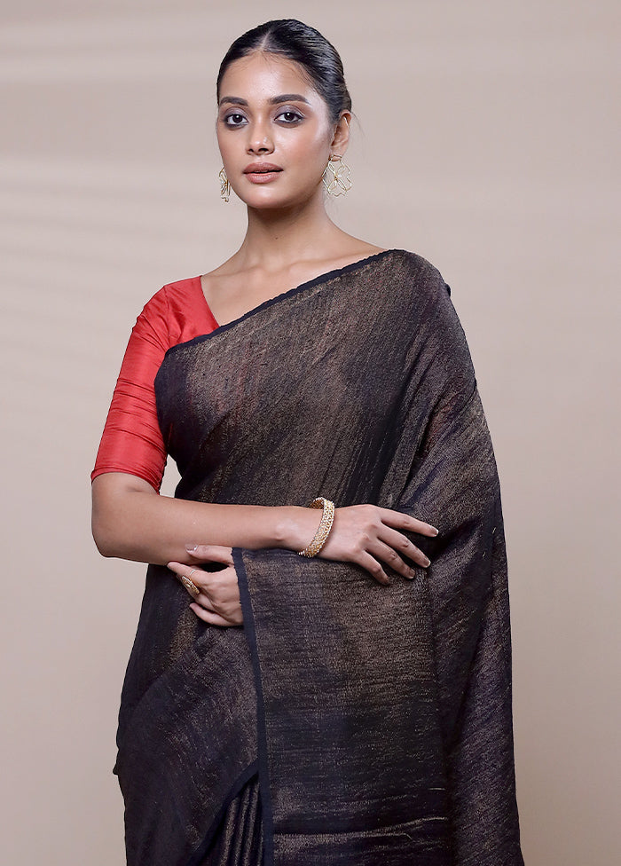 Black Handloom Linen Pure Silk Saree With Blouse Piece