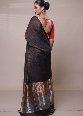 Black Handloom Linen Pure Silk Saree With Blouse Piece