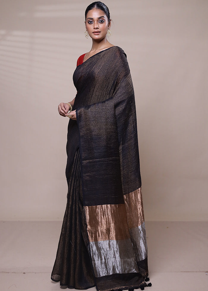 Black Handloom Linen Pure Silk Saree With Blouse Piece