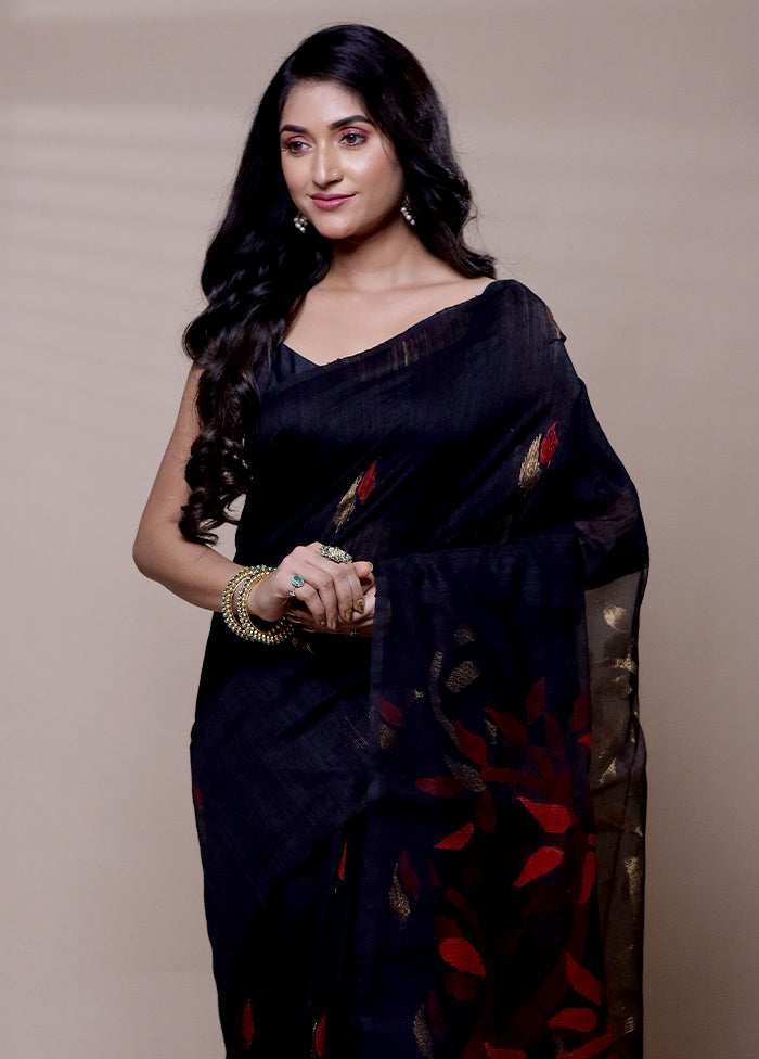 Black Handloom Matka Pure Silk Saree With Blouse Piece